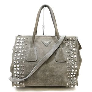 2014 Prada Grey Studded Suede Twin Pocket Tote Handbag LIMITED EDITION